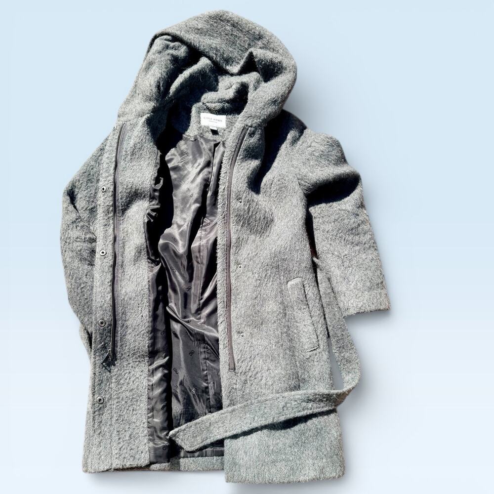 Cole Haan Signature Coat Womens 2 Gray Wool Blend Belted Hooded Walker